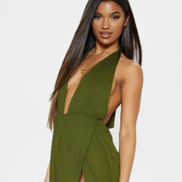 alina khaki plunge maxi dress
